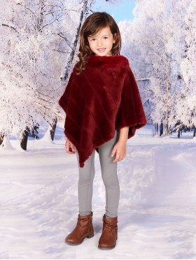 Kids Soft Faux Fur Poncho W/  Diagonal Pattern and Faux Fur Neckline (3-7 Years Old) 